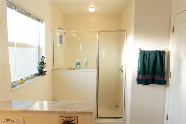 bathroom featuring a shower with shower door