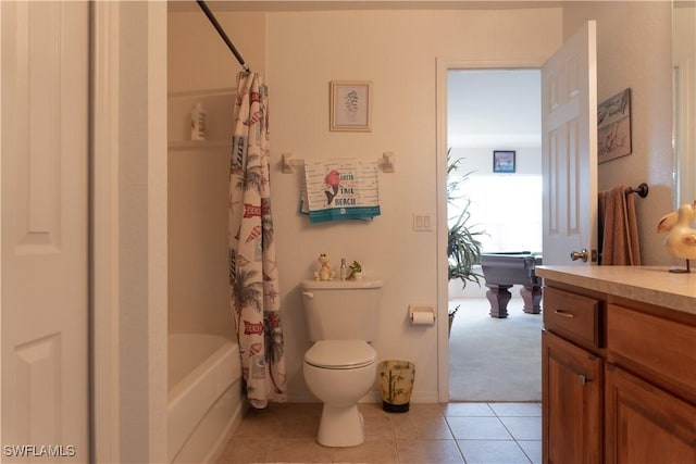 full bathroom with toilet, vanity, shower / bathtub combination with curtain, and tile patterned flooring