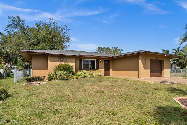 single story home with a front lawn, fence, an attached garage, and stucco siding