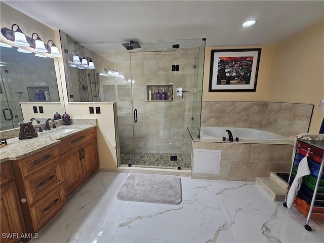 bathroom featuring vanity and plus walk in shower