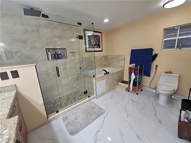 bathroom with toilet and plus walk in shower