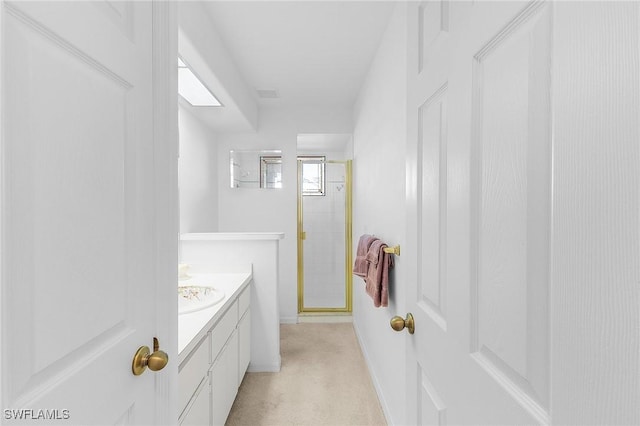 bathroom with vanity and a shower with door