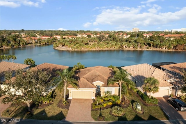 bird's eye view with a water view