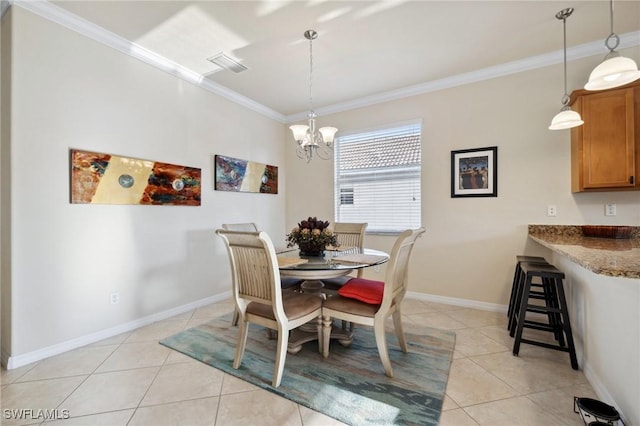 dining room featuring light tile patterned floors, baseboards, visible vents, crown molding, and a notable chandelier