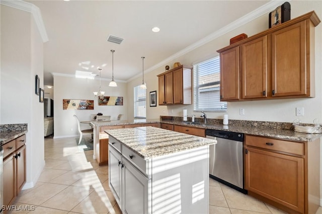 kitchen with light tile patterned floors, a peninsula, dishwasher, crown molding, and brown cabinets