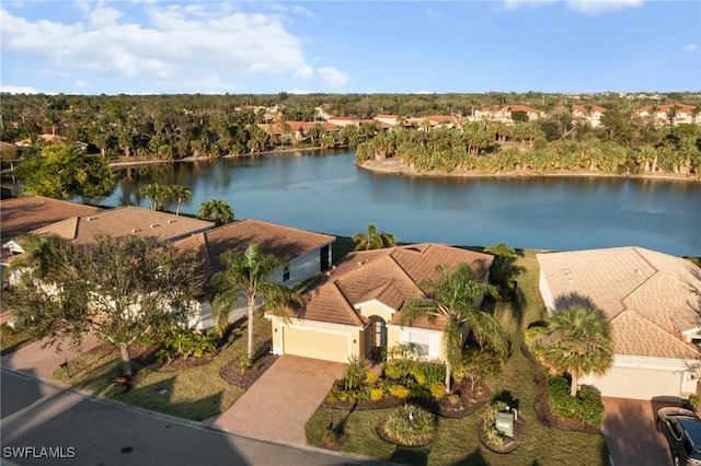 aerial view featuring a water view