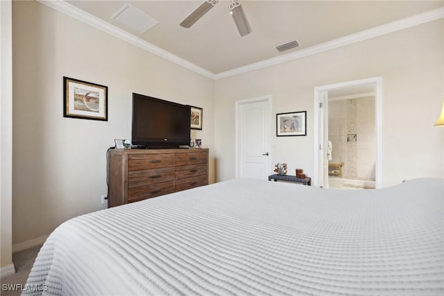 bedroom with baseboards, visible vents, and ornamental molding