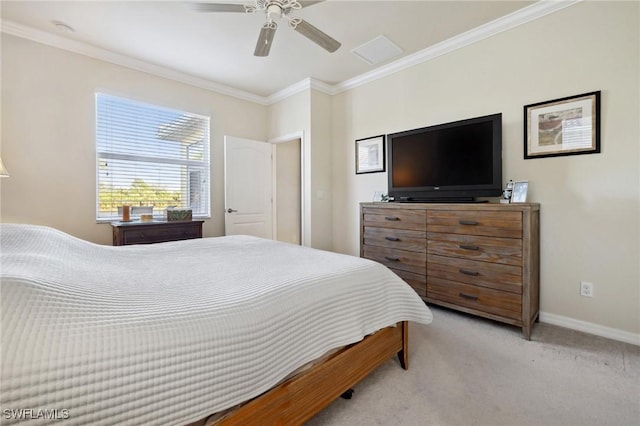 bedroom featuring a ceiling fan, crown molding, light colored carpet, and baseboards