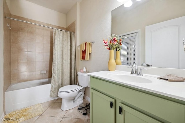 bathroom with tile patterned flooring, toilet, vanity, and shower / bath combo with shower curtain