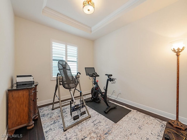 exercise room featuring hardwood / wood-style flooring, ornamental molding, and a tray ceiling