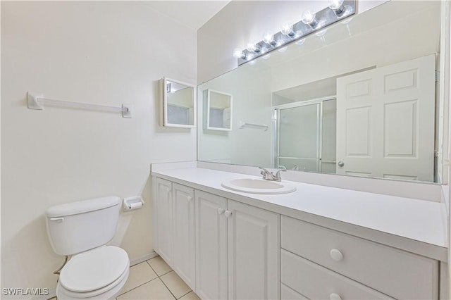 full bath with tile patterned floors, vanity, toilet, and a shower stall