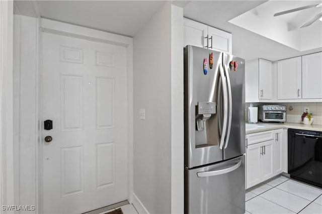 kitchen featuring tasteful backsplash, stainless steel fridge with ice dispenser, white cabinets, and black dishwasher