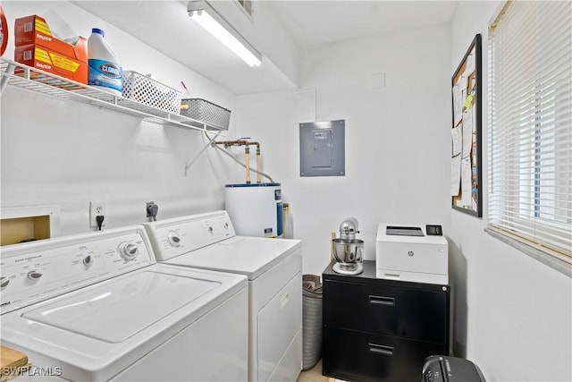 washroom featuring independent washer and dryer, electric panel, and electric water heater