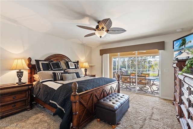 carpeted bedroom with ceiling fan and access to outside