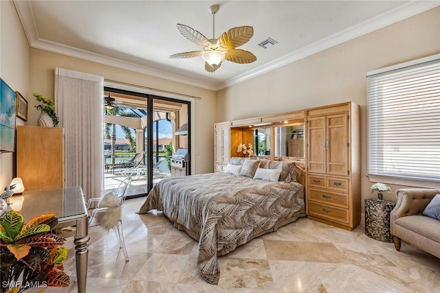 bedroom with crown molding, access to outside, and ceiling fan