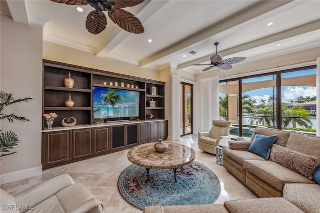 living room featuring beam ceiling and ceiling fan