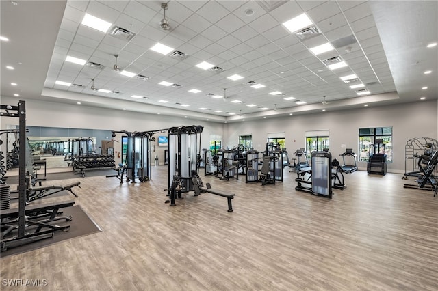 workout area featuring a high ceiling, a drop ceiling, and light hardwood / wood-style floors