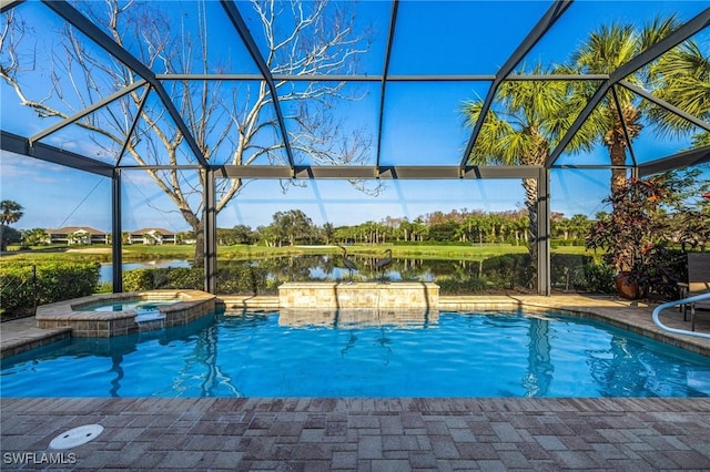 view of swimming pool featuring a water view, an in ground hot tub, and a lanai