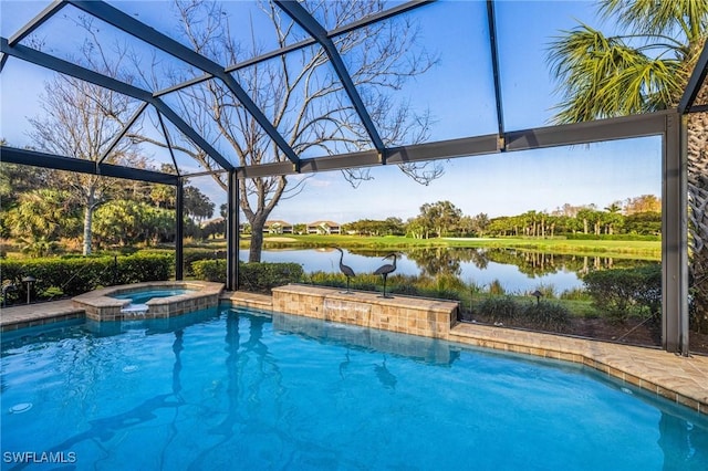 view of pool featuring a water view, an in ground hot tub, and a lanai