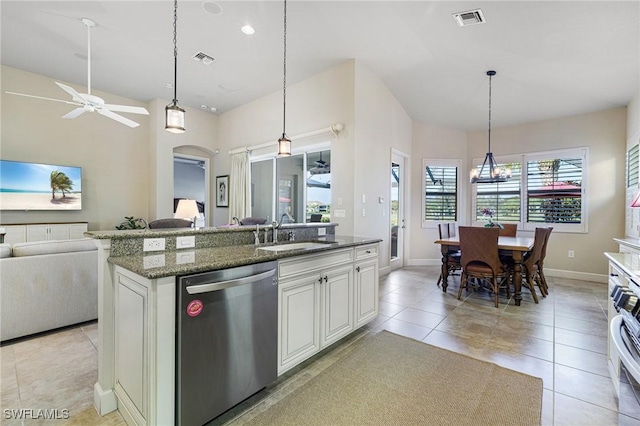 kitchen with white cabinetry, sink, pendant lighting, and dishwasher