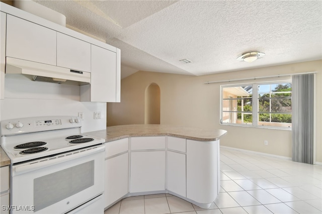 kitchen featuring white cabinetry, light tile patterned flooring, kitchen peninsula, and white range with electric stovetop