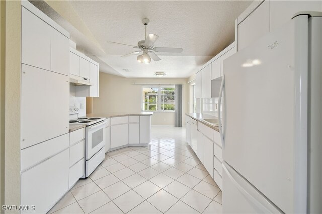 kitchen featuring light tile patterned flooring, a textured ceiling, ceiling fan, white appliances, and white cabinets