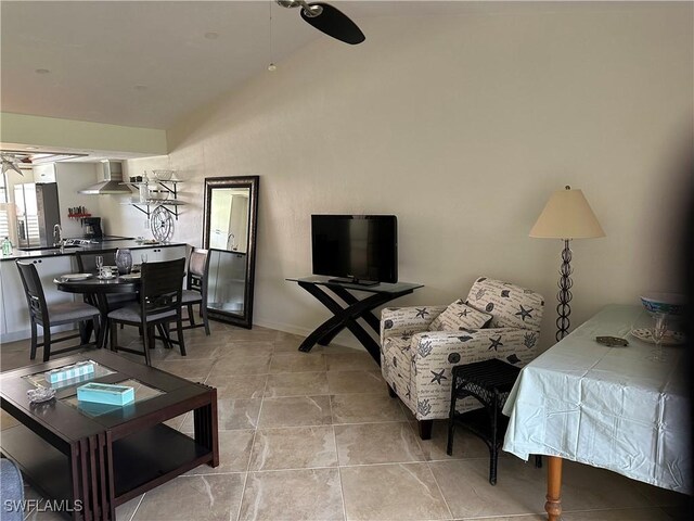 16521 Bayleaf Ln Unit 64, Fort Myers, FL 33908 - living area with a ceiling fan, baseboards, and high vaulted ceiling