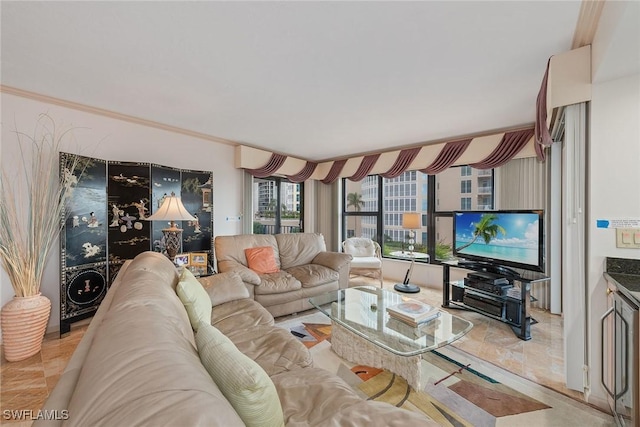 living room with ornamental molding