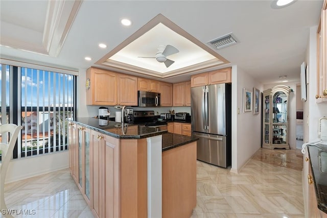 kitchen with appliances with stainless steel finishes, dark stone countertops, ceiling fan, kitchen peninsula, and a raised ceiling