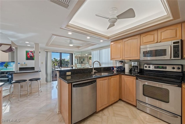 kitchen featuring sink, dark stone countertops, appliances with stainless steel finishes, a tray ceiling, and kitchen peninsula