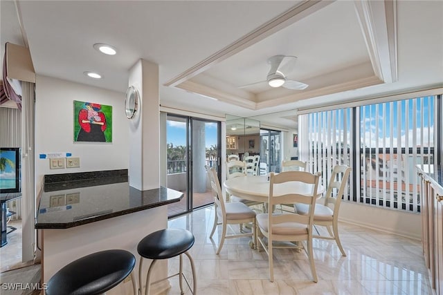 dining space with a raised ceiling and ceiling fan