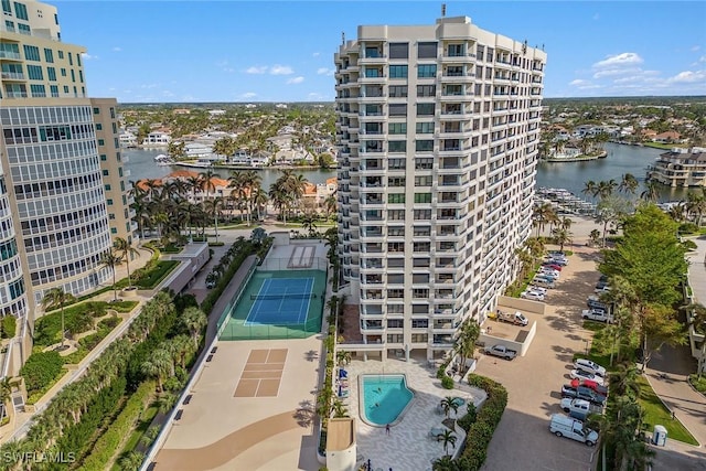 view of building exterior featuring a water view