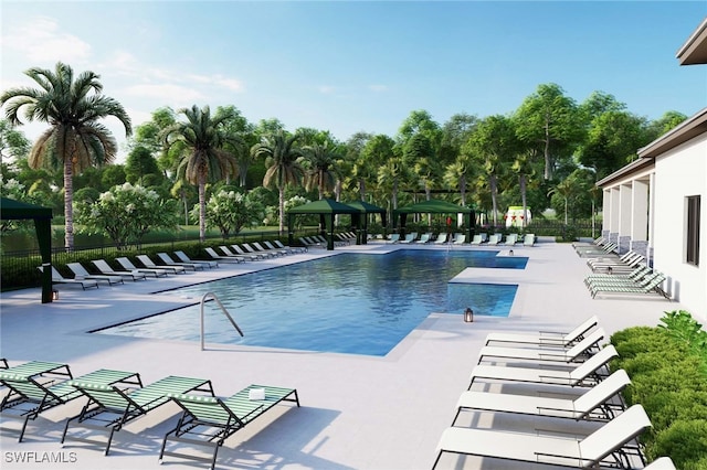 20341 Fair Oak Ln, Estero, FL 33928 - community pool featuring a patio area, fence, and view of scattered trees