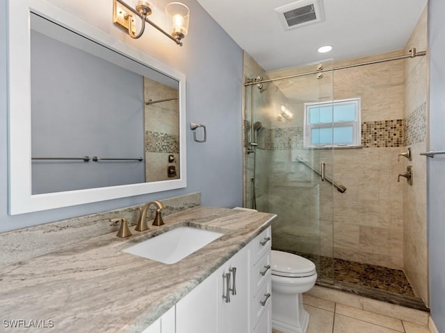 bathroom with a stall shower, visible vents, toilet, tile patterned flooring, and vanity