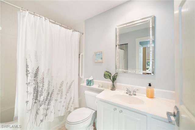 full bathroom featuring vanity, shower / bathtub combination with curtain, and toilet