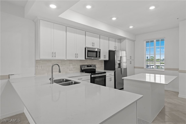 kitchen featuring sink, tasteful backsplash, kitchen peninsula, stainless steel appliances, and white cabinets