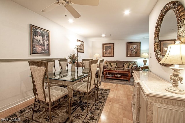 dining area with ceiling fan and light wood-type flooring