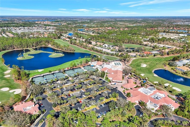 bird's eye view with a water view