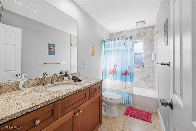 full bathroom with tile patterned flooring, vanity, shower / bath combination with curtain, and toilet