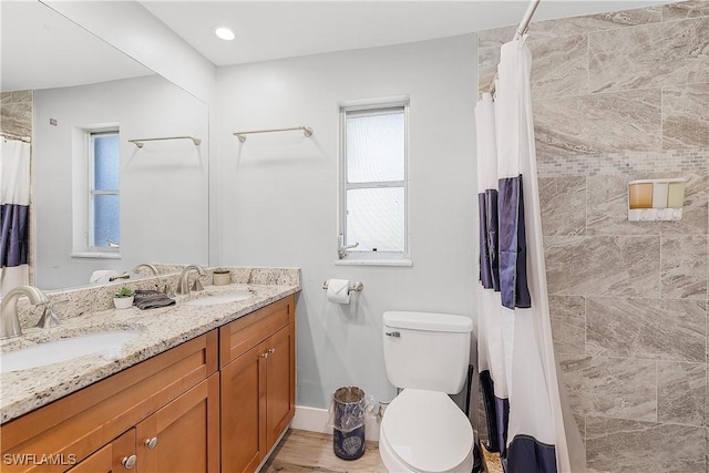 bathroom featuring vanity, wood-type flooring, toilet, and walk in shower