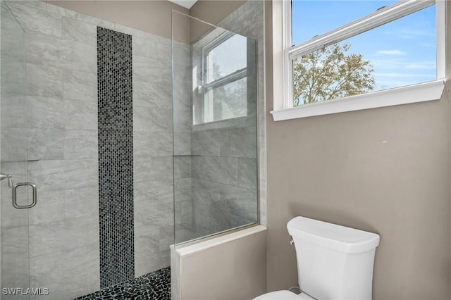 bathroom with toilet and an enclosed shower