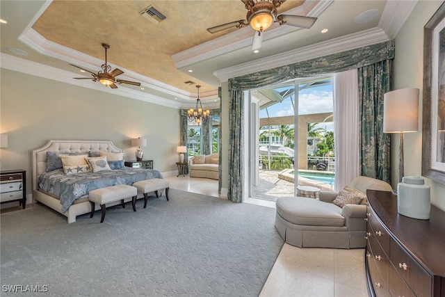 bedroom featuring a raised ceiling, ornamental molding, ceiling fan with notable chandelier, and access to exterior