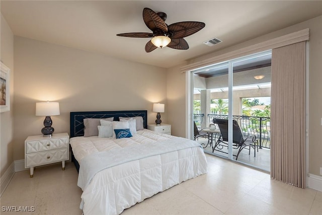 bedroom with access to exterior and ceiling fan