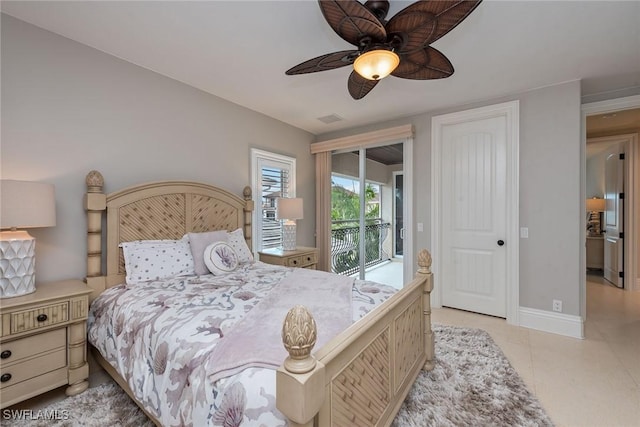 bedroom featuring access to outside, ceiling fan, and light tile patterned floors