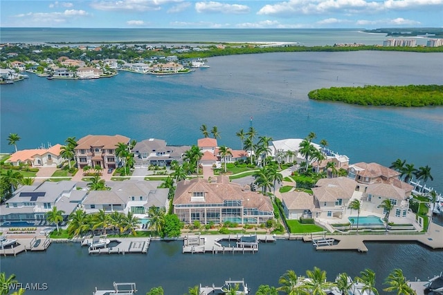 bird's eye view with a water view