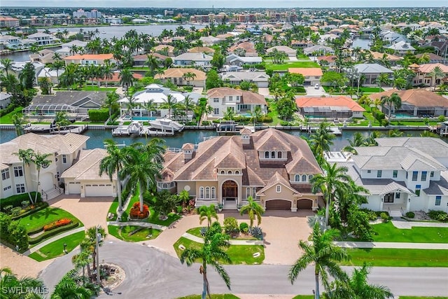 drone / aerial view featuring a water view