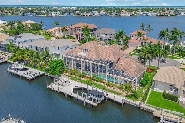 bird's eye view with a water view