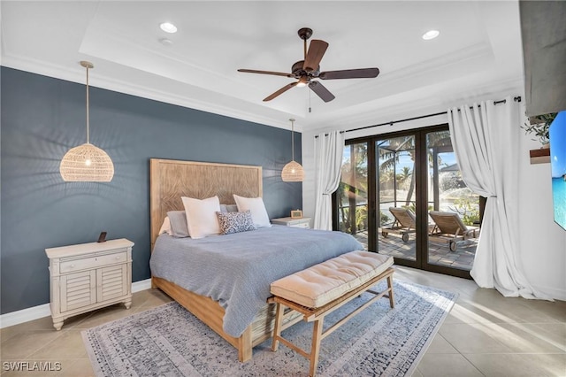 bedroom featuring light tile patterned flooring, access to exterior, a raised ceiling, and crown molding