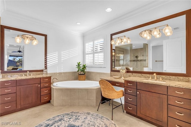 bathroom featuring ornamental molding, vanity, ceiling fan, plus walk in shower, and tile patterned flooring