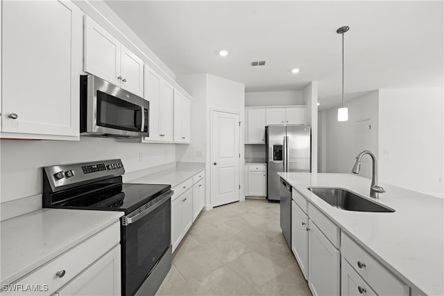 kitchen featuring white cabinetry, sink, decorative light fixtures, and appliances with stainless steel finishes